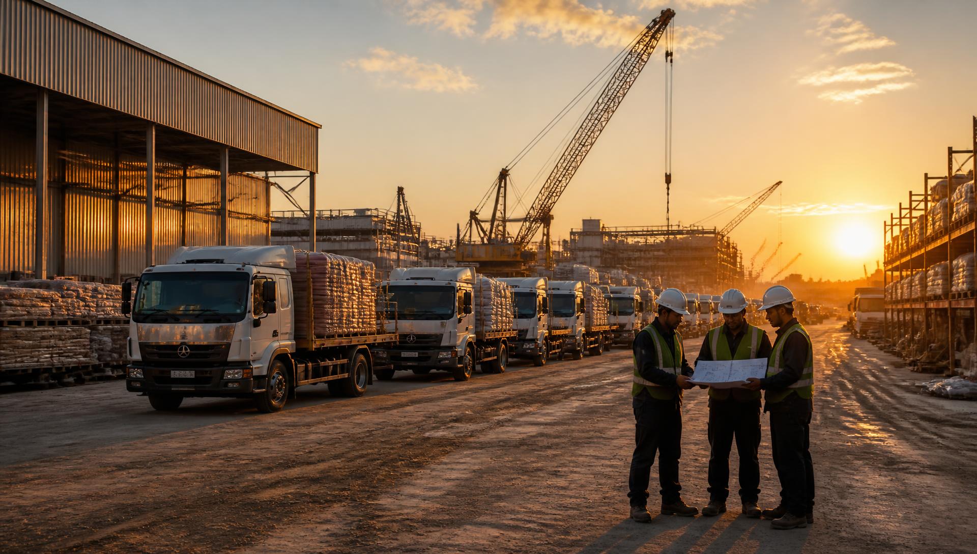 Opérations logistiques et industrielles : camions, grues et équipe d'ingénieurs sur un site