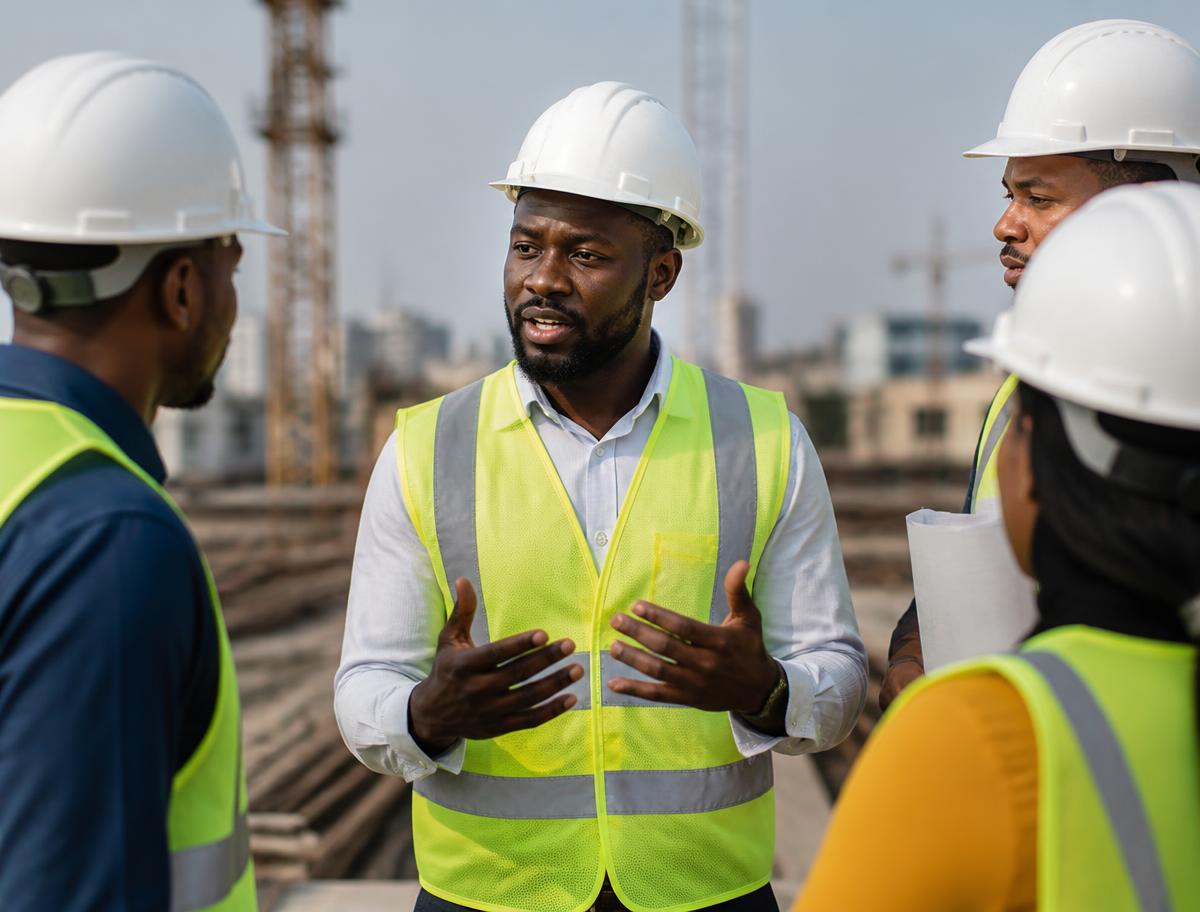 Superviseur de chantier échangeant avec son équipe en tenue de sécurité